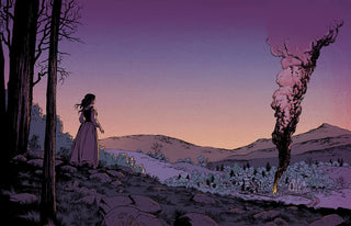 Illustration of a woman on a hill looking onto a town.